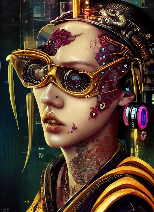 Image similar to portrait of a seductive cyberpunk geisha yakuza raver gutter punk cyborg bioweapon, golden ratio, details, sci - fi, dark fantasy, cyberpunk, intricate, decadent, ornate, highly detailed, digital painting, octane render, 8 k, artstation, concept art, smooth, sharp focus, illustration, art by artgerm, loish, wlop