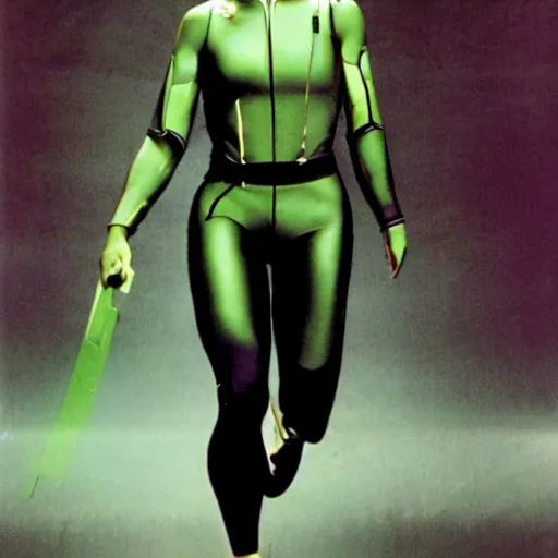 Image similar to Trinity the matrix, running as a sprinter athletic attire with cyborg legs, diesel punk, athletic footage, 1980's, olympics, cinematic, art deco