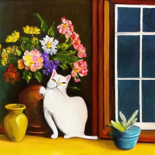 Image similar to cat on the table, flowers in vase, window with plant, village, oil painting