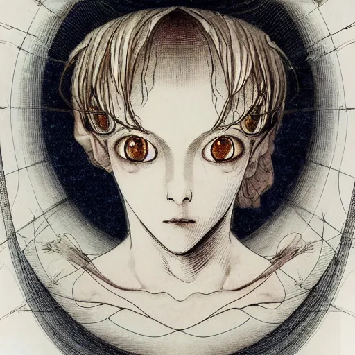 Image similar to prompt: Fragile looking vessel portrait face drawn by Katsuhiro Otomo, inspired by Carlo Dolci, magical and alchemical objects on the side, soft light, white background, intricate detail, intricate ink painting detail, sharp high detail, manga and anime 2000