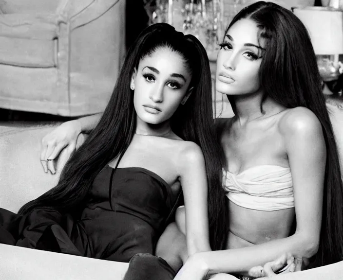 Image similar to award winning photo of Ariana Grande together with Megan Fox sitting on a chesterfield lounge, symmetrical face by Sally Mann & Arnold Newman, 35mm