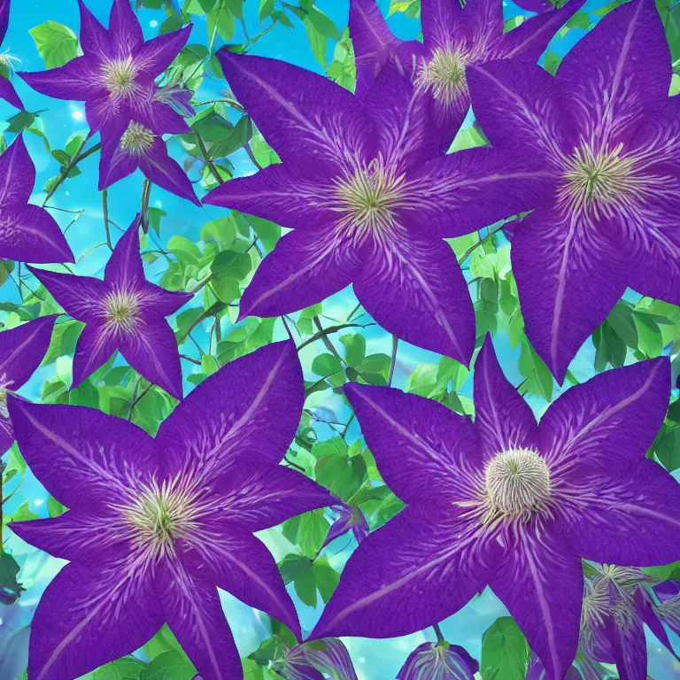 Image similar to clematis theme logo, clematis theme banner, clematis design, clematis in the deep sea, clematis like stars in the sky, trending on artstation, warm light, lovely and cute, fantasy art, 8 k resolution, highly detailed, pattern with optical illusion