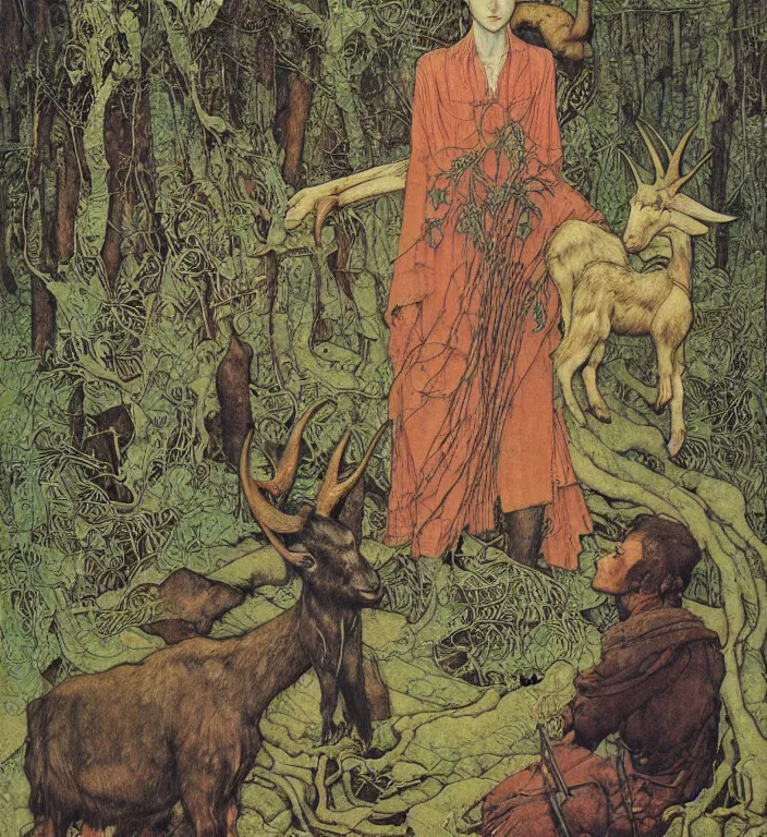 Prompt: person in the forest with a goat and a robot by Ivan Bilibin, Austin Osman Spare, Norman Rockwell, high quality, ultra detailed. Beksinski painting, part by Adrian Ghenie and Gerhard Richter. art by Takato Yamamoto. masterpiece