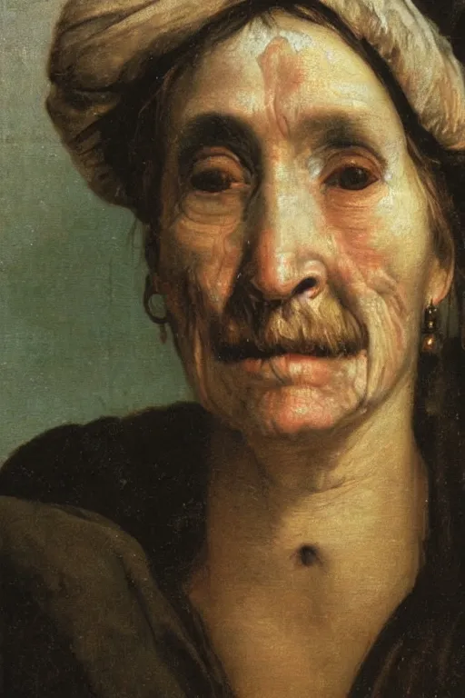 Image similar to hyperrealism extreme close-up portrait of medieval female with with leprosy, with mustache, pale skin, wearing cylinder hat, in style of Francisco Goya