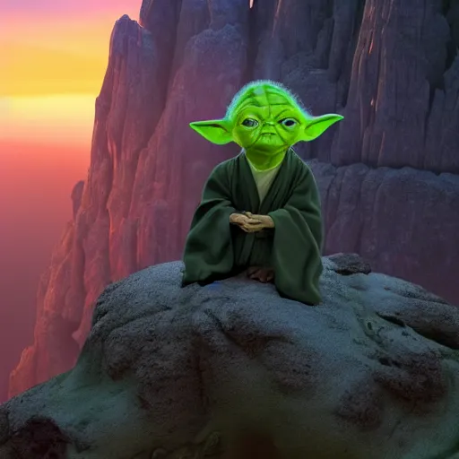 Image similar to yoda meditating on top of a mountain at sunrise, movie still, 4k