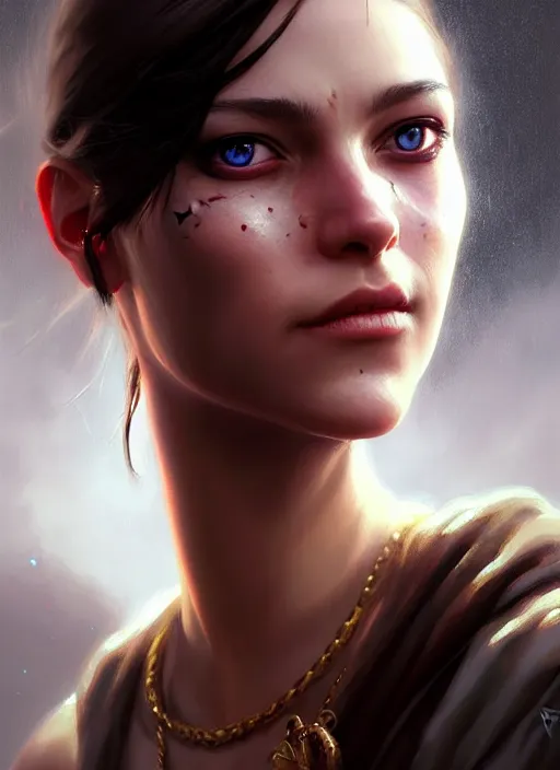 Image similar to a _ fantasy _ style _ portrait _ painting _ of female with scar under left eye, holy oil _ painting _ unreal _ 5 _ daz. _ rpg _ portrait _ extremely _ detailed _ artgerm _ greg _ rutkowski _ greg