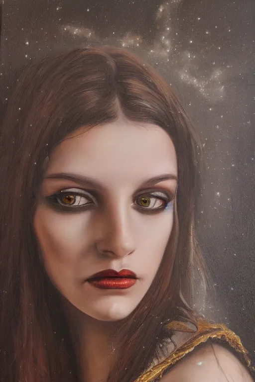 Image similar to hyperrealism oil painting, close - up portrait of european medieval brunette vampire fashion model, knight, steel gradient mixed with nebula sky, in style of baroque