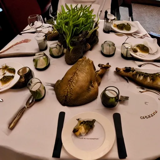 Image similar to dinosaurs dinning at a fancy restaurant