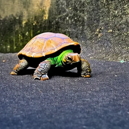 Prompt: turtle with a gun, rippling with power, incredibly dangerous, kind