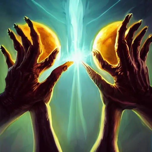 Image similar to two demonic hands hold planet earth, artstation