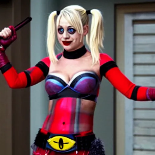 Image similar to A still of Kaley Cuoco as Harley Quinn, comics-accurate outfit