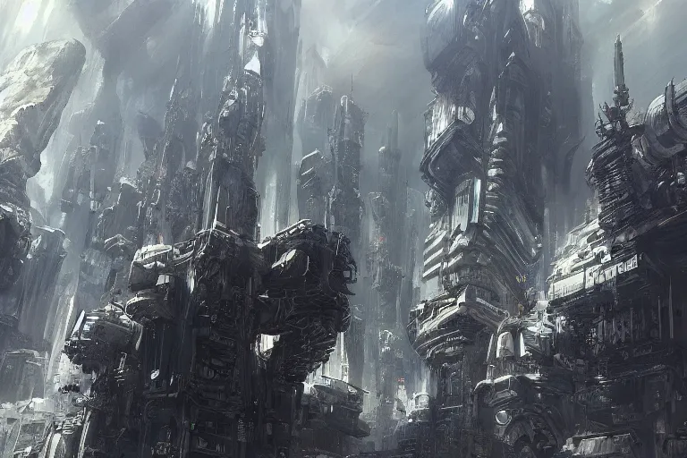 Image similar to a vast planetary sci-fi city, (In style of Bekisnski, Tsutomu Nihei, Dark Fantasy, warhammer 40.000), oil on canvas, artstation, dramatic scenery, masterpiece, aesthetic