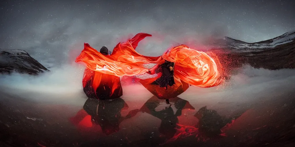 Image similar to music video fisheye slow motion with trail fire and smoke effect of futuristic break dancer wearing long dark cloak and golden helmet emitting fire and crystals, long exposure shot , enigmatic, at night in the middle of the arctic with red light A letter, paddle of water, steam, fog, water splashes, rim lights, glossy reflections, water droplets on lens, octane render, Volumetric dynamic lighting, stunning cover magazine, high details, hajime sorayama