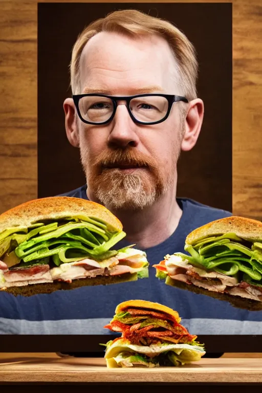 Image similar to 📷 portrait of adam savage the sandwich, made of food, still image, dynamic lighting, 4 k