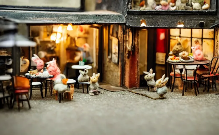 Image similar to miniature cafe diorama macro photography, cafe with felted bunnies, alleyway, ambient, atmospheric, british, cozy, bokeh, romantic