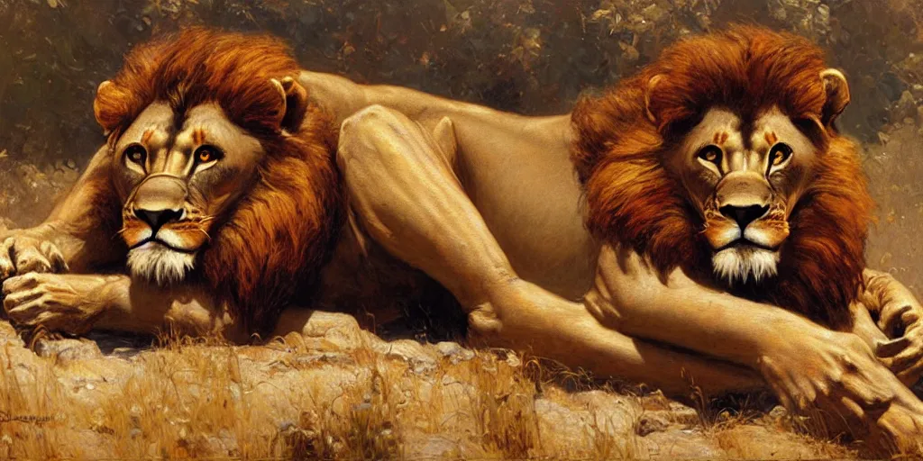 Image similar to an exhausted anthromorphic lion. highly detailed painting by gaston bussiere, craig mullins, j. c. leyendecker 8 k