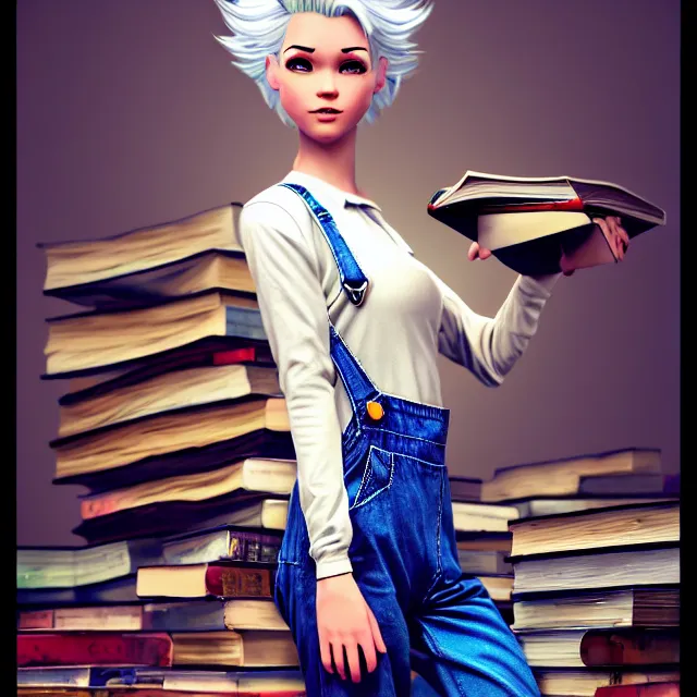 Image similar to full body pose, beautiful adult book fairy, pixar, short white hair shaved sides, dirty, grungy, grunge, long sleeve, painted overalls, stacks of giant books, highly detailed, 4 k, hdr, smooth, sharp focus, high resolution, award - winning photo, artgerm, photorealistic