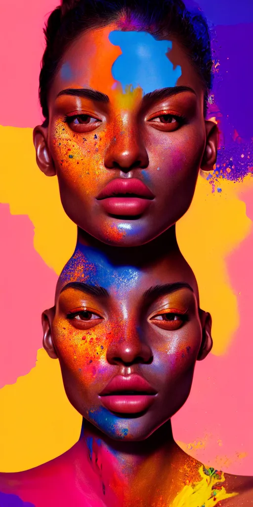 Prompt: portrait of very beautiful woman, face emerging from pool of colorful oils, brown skin, realism, extreme detail, real life, key art, soft light, volumetric light, 3 - d shadows, photo by james jean and wlop, photoshoot