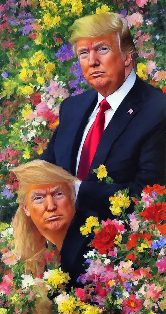 Image similar to romantic portrait of donald trump in an elegant dress surrounded by beautiful flowers, by gregory manchess, james gurney, james jean