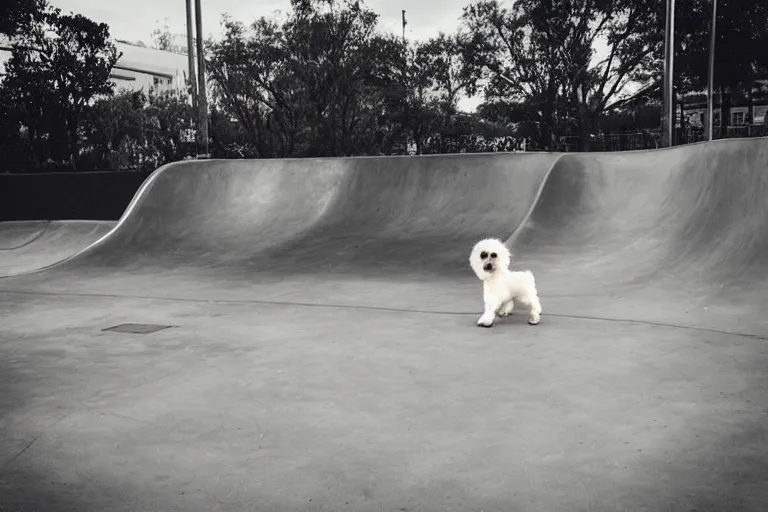 Image similar to “a cream colored havanese dog doing tricks at a skate park, street photography”