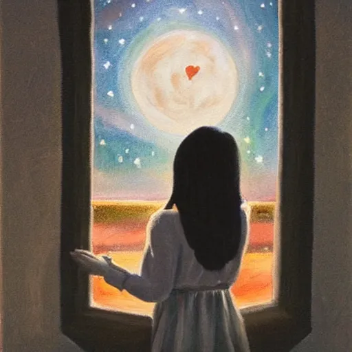 Image similar to painting of brunette girl from behind as she looks at the window at the night sky, feature the moon and hearts