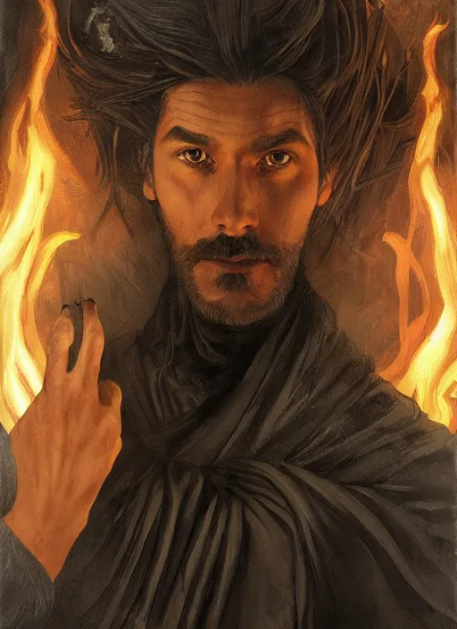 Prompt: medium-length portrait of a male fire genassi sorcerer with hair made of fire and dark eyes, fire elemental, grey skin, serious expression, wears a dark robe and silver gauntlets, medieval setting, highly detailed, digital painting, artstation, concept art, sharp focus, illustration, art by greg rutkowski and alphonse mucha