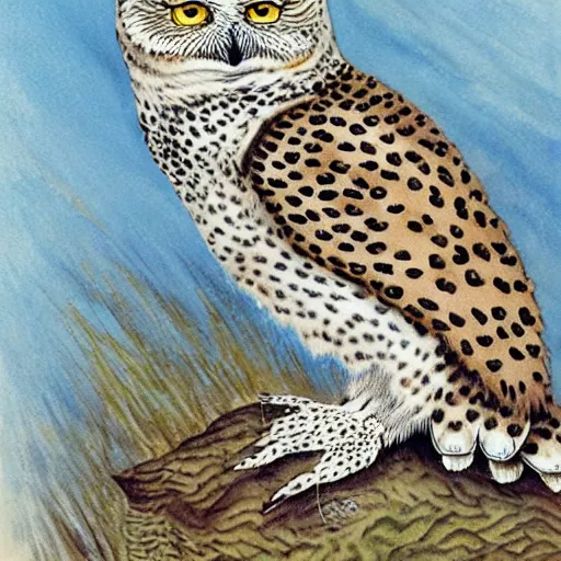 Image similar to leopard snowy owl with cat tail and four paws, gryphon, Louis William Wain watercolor, fantasy