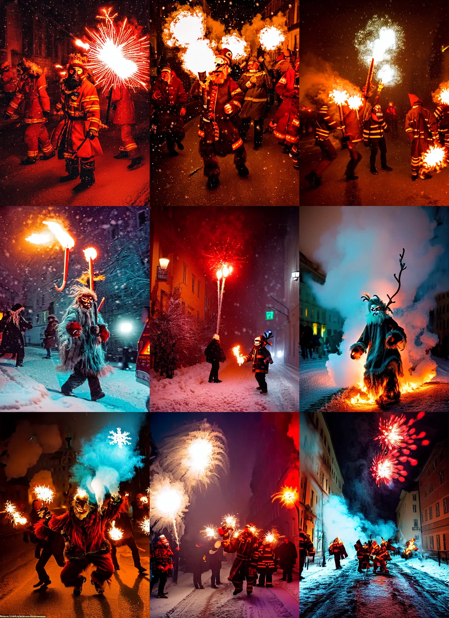 Prompt: kodak portra 4 0 0, winter, snowflakes, hellfire chaos, award winning dynamic photo of a bunch of hazardous krampus between exploding fire barrels by robert capas, motion blur, in a narrow lane in salzburg at night with colourful pyro fireworks and torches, teal lights