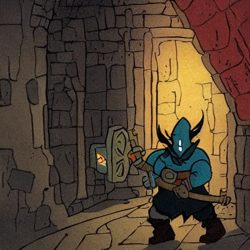 Prompt: A dwarf rogue sneaking inside of a castle, in the style of Mike Mignola.