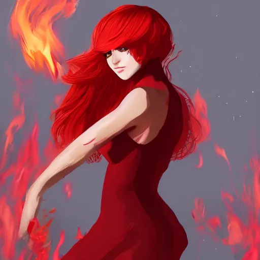 Image similar to a goddess with red hair and red dress with a fire aura headshot, trending on artstation