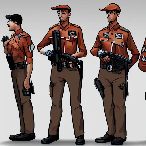 Prompt: security officers with glowing red skin in beige uniforms and gray pants holding bullpup guns in a brutalist office setting trending on artstation digital painting 4 k sharp detail high quality