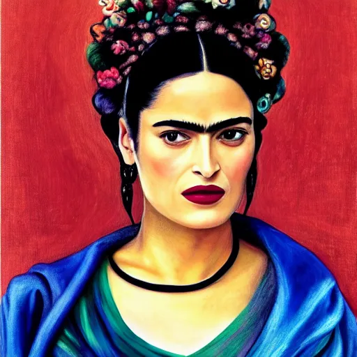 Image similar to salma hayek portrait, style by frida kahlo, art deco, portrait,