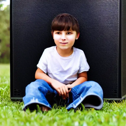 Prompt: a little boy sitting on huge speaker listening music beutiful colours