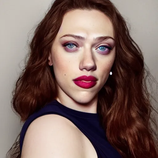 Prompt: a woman who is a genetic combination of kat dennings and scarlett johansson face and upper - body focus