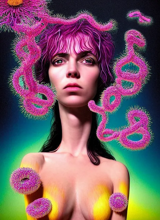 Image similar to hyper detailed 3d render like a Oil painting - Ramona Flowers with wavy black hair wearing thick mascara seen out Eating of the Strangling Strangling network of colorful yellowcake and aerochrome and milky and Her staring intensely delicate Hands hold of gossamer polyp blossoms bring iridescent fungal flowers whose spores black the foolish stars by Jacek Yerka, Mariusz Lewandowski, silly playful fun face, Houdini algorithmic generative render, Abstract brush strokes, Masterpiece, Edward Hopper and James Gilleard, Zdzislaw Beksinski, Mark Ryden, Wolfgang Lettl, Dan Hiller, hints of Yayoi Kasuma, octane render, 8k