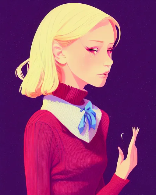 Image similar to digital illustration of pretty girl sa rina with shoulder length blonde hair wearing a sweater, from alice in wonderland, smoking, at night, by ilya kuvshinov, lois van baarle, rossdraws, basquiat