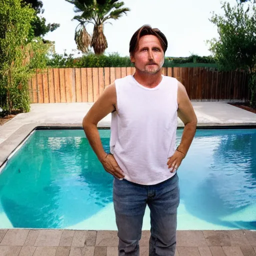 Prompt: emilio estevez standing above the water of a pool next to a house