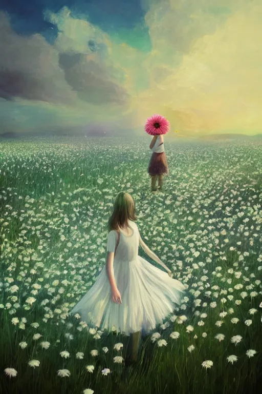 Prompt: veil giant white daisy flower as face, girl dancing in a flower field, surreal photography, sunrise, dramatic light, impressionist painting, colorful clouds, digital painting, artstation, simon stalenhag