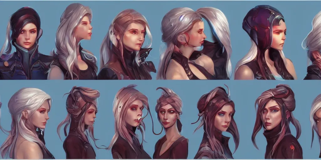 Image similar to concept art of russian female netrunner d & d video game characters head designs, unique hair designs, by marc brunet and artgerm