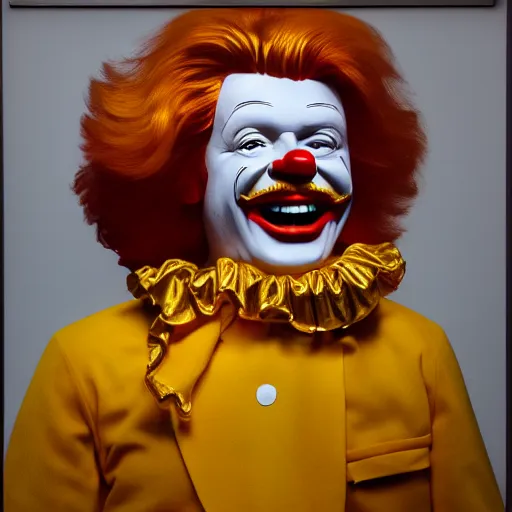 Image similar to extremely detailed studio portrait of ronald mcdonald surrended by gold, soft light, golden glow, 4 k