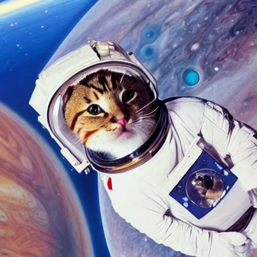 Prompt: cat with astronaut suit flying over the jupiter, photo