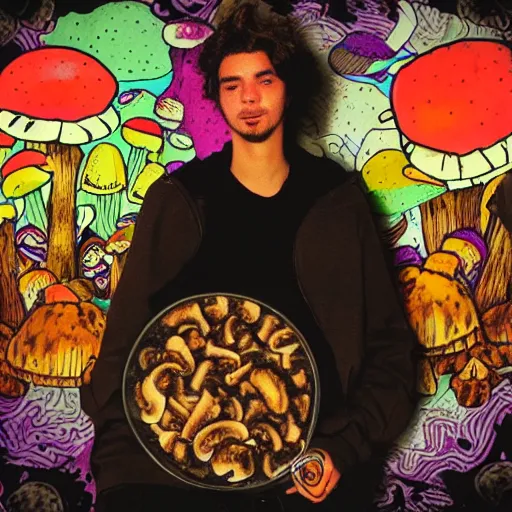 Image similar to a lonely eboy enjoying mushrooms on a psychodelic night