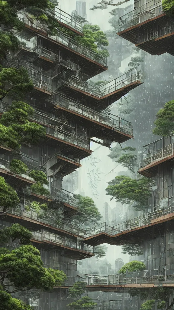 Prompt: photo in style of hokusai and piranesi. biopunk timber futuristic building in a urban setting. ultrarealistic. rainy. mossy buildings have deep tall balconies with plants, trees, and many figures in bright clothing. thin random columns, large windows, deep overhangs. greeble. 8 k, volumetric lighting.