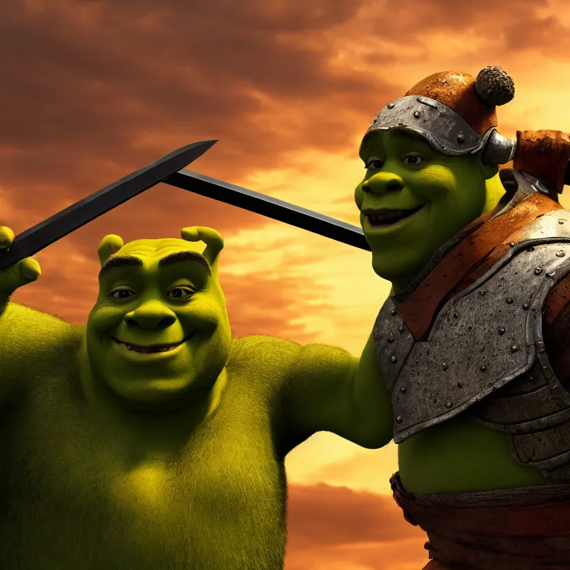 Prompt: shrek as a gladiator holding a sword, roman colosseum, sunset, cinematic lighting, volumetric lighting, award winning photography, highly detailed, intricate, sharp focus, 4 k wallpaper, unreal engine, 9 0 mm, f / 1. 4