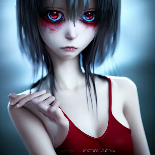 Prompt: photorealistic full shot portrait of kawaii angry darkness vampire anime girl, worrying eyes, inspired by Tim Burton, detailed, unreal engine 4k volumetric light, fog,