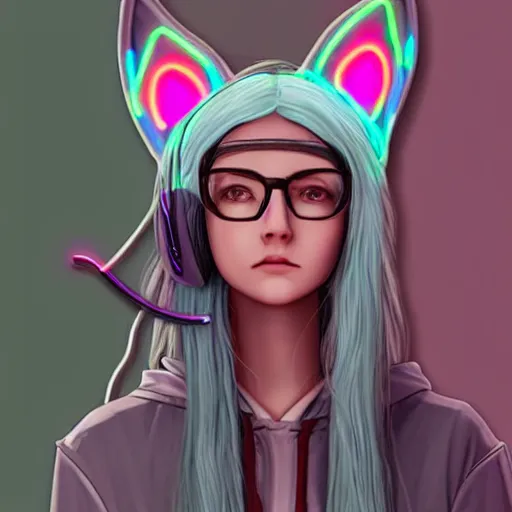 Prompt: gandalf e - girl neon hair wizard with rimmed glasses and cat ears headphone