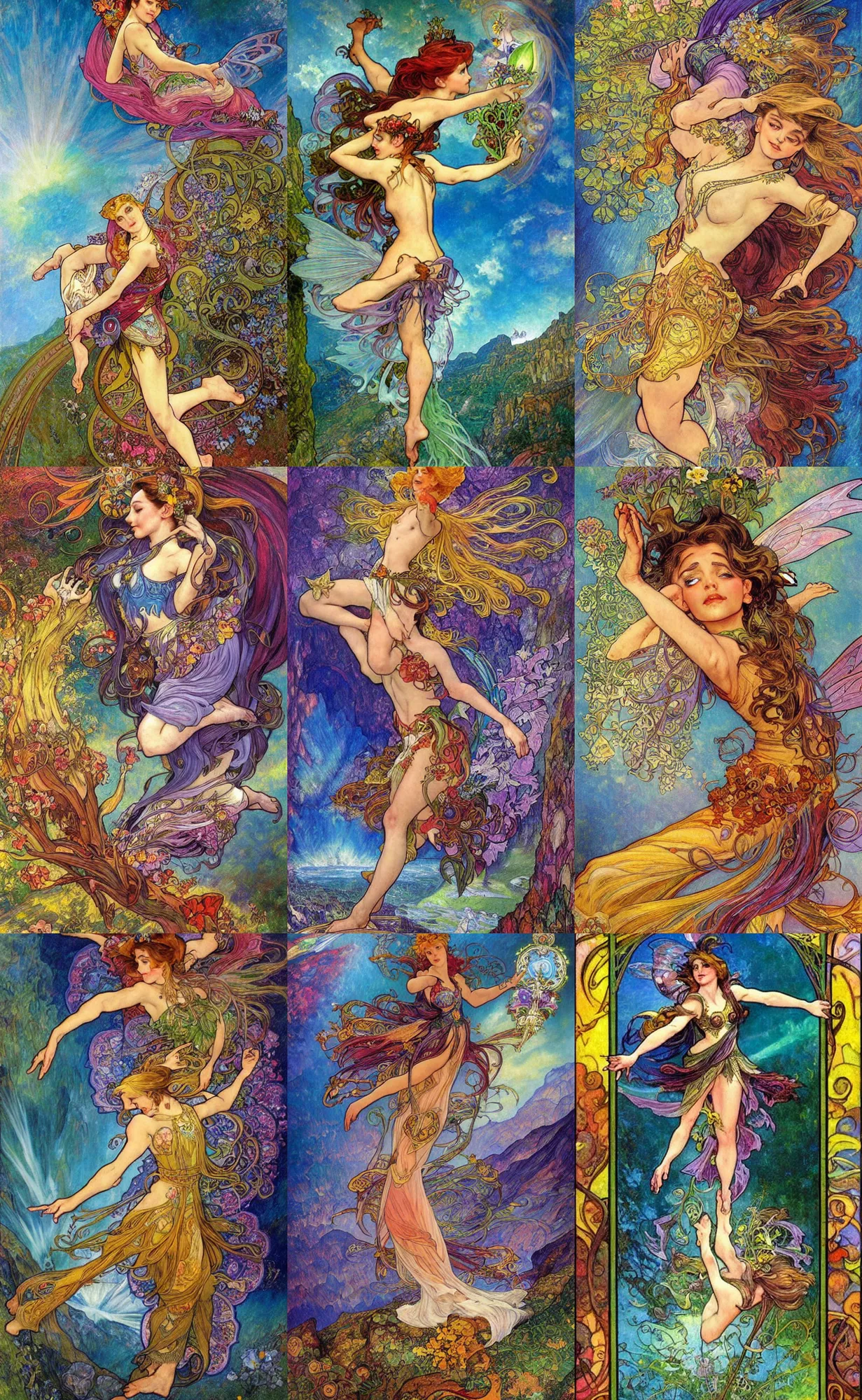Prompt: art for the fool tarot card, fairy flying off the edge of a cliff, magic realism, fantasy, art by josephine wall, league of legends splash art, art by alphonse mucha