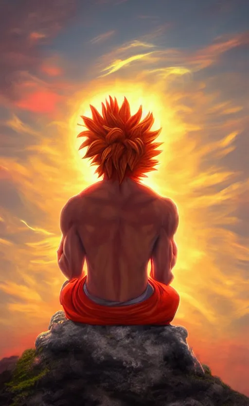 Prompt: photorealistic portrait of the god Sun Goku sitting on a cloud meditating on a steep hill Infront of a orange and red sunset, digital photorealistic art, concept art, trending on art station