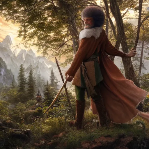 Image similar to an ultra detailed matte painting of bob ross dressed as a wandering elf druid, silver hawk animal companion, d & d, fantasy concept art by alphonse mucha and greg rutkowski, octane render, 8 k, detailed face