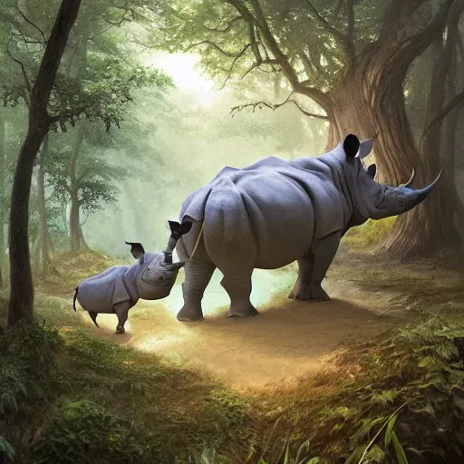 Image similar to a painting of a rhino in a forest, a detailed matte painting by marc simonetti, behance contest winner, fantasy art, matte painting, concept art, matte drawing. masterpiece